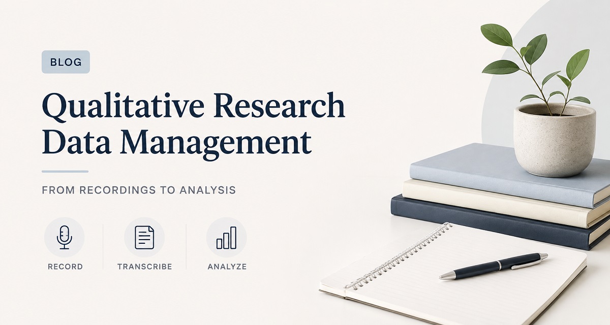 Minimalist illustration of qualitative research data management showing an open notebook and pen, stacked books, and a potted plant alongside a visual workflow for recording, transcribing, and analyzing research data.