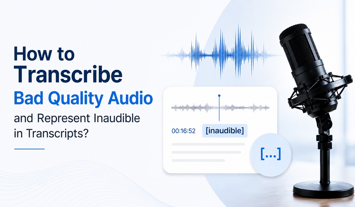 How to transcribe bad-quality audio and represent inaudible speech in transcripts, with a microphone, audio waveform, and “[inaudible]” transcript example.