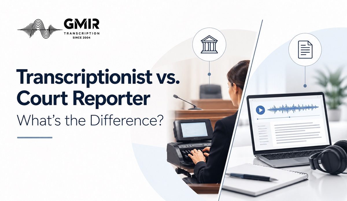 Transcriptionist vs. court reporter: a comparison of live court reporting using a stenotype machine and transcribing recorded audio into text on a laptop.