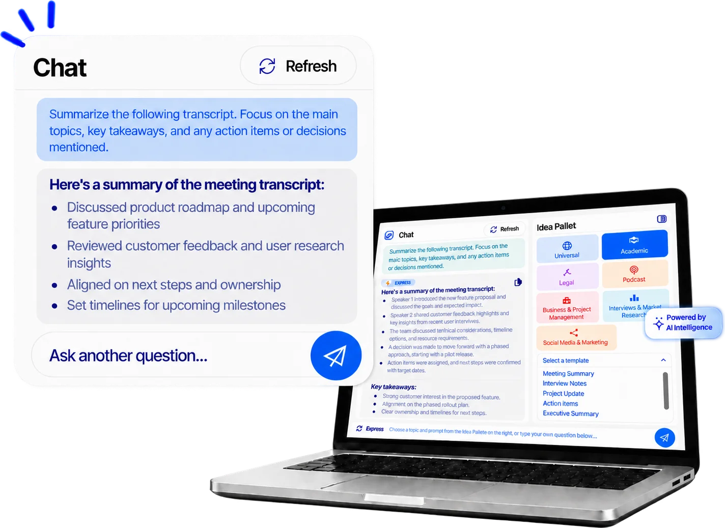 Laptop showing the GMR Transcript Intelligence chat summarizing a meeting transcript